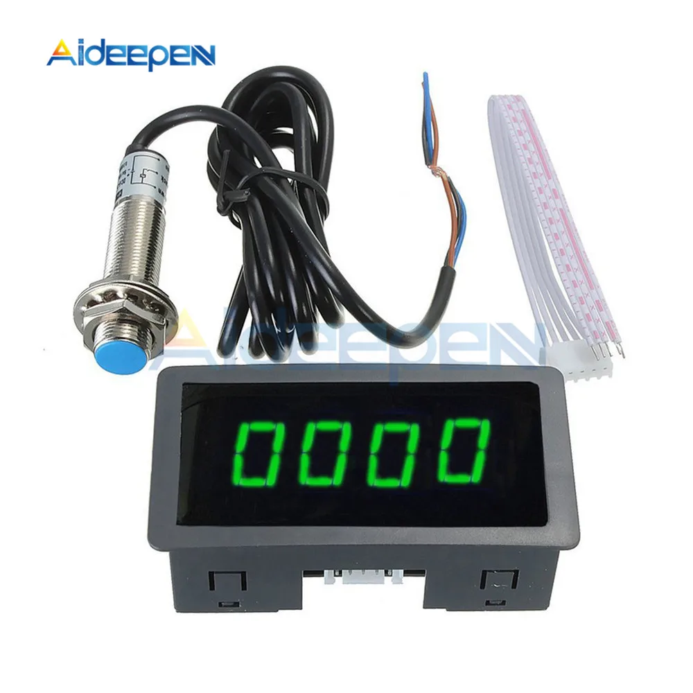 0.56'' Tachometer 4 Digital Green LED Tach RPM Speed Meter With Hall Proximity Switch Sensor NPN 24V 12V