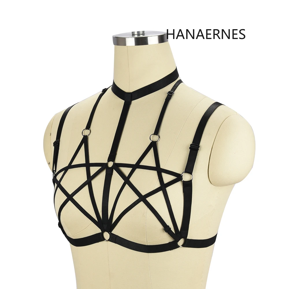 Arnés con tiras de doble pentagrama para mujer, sujetador de jaula, Top de Bondage para pecho, lencería Sexy, ropa interior erótica gótica Punk, ropa fetiche elástica