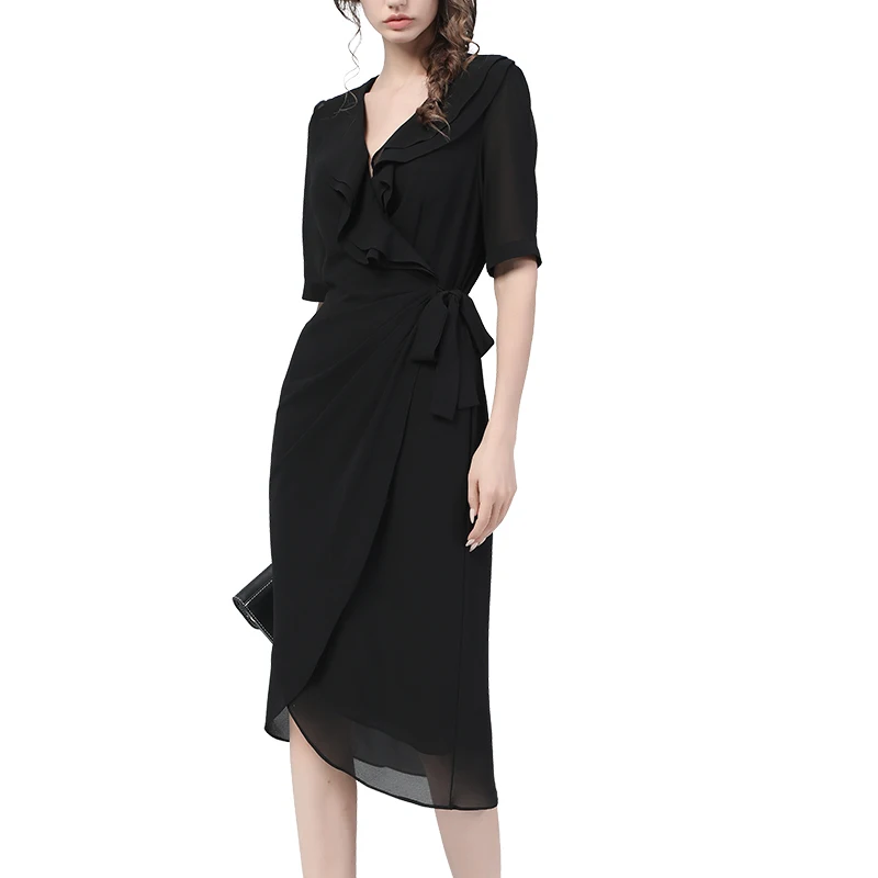 Fashion Womens Summer Chiffon Petite Black Dress Mid-Length Bud Shaped Elegant Ruffle V-Neck Female Clothing Party Dresses 4XL