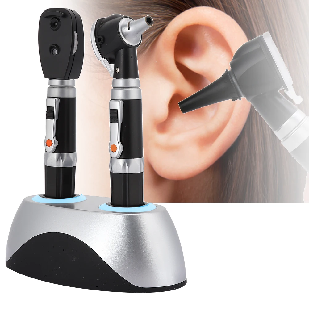 

Double Hole Base Rechargeable Fiber Optic Ophthalmoscope Otoscope Ear Eye Examination Ear Cleaning Devices Tool Kit EU Plug USB