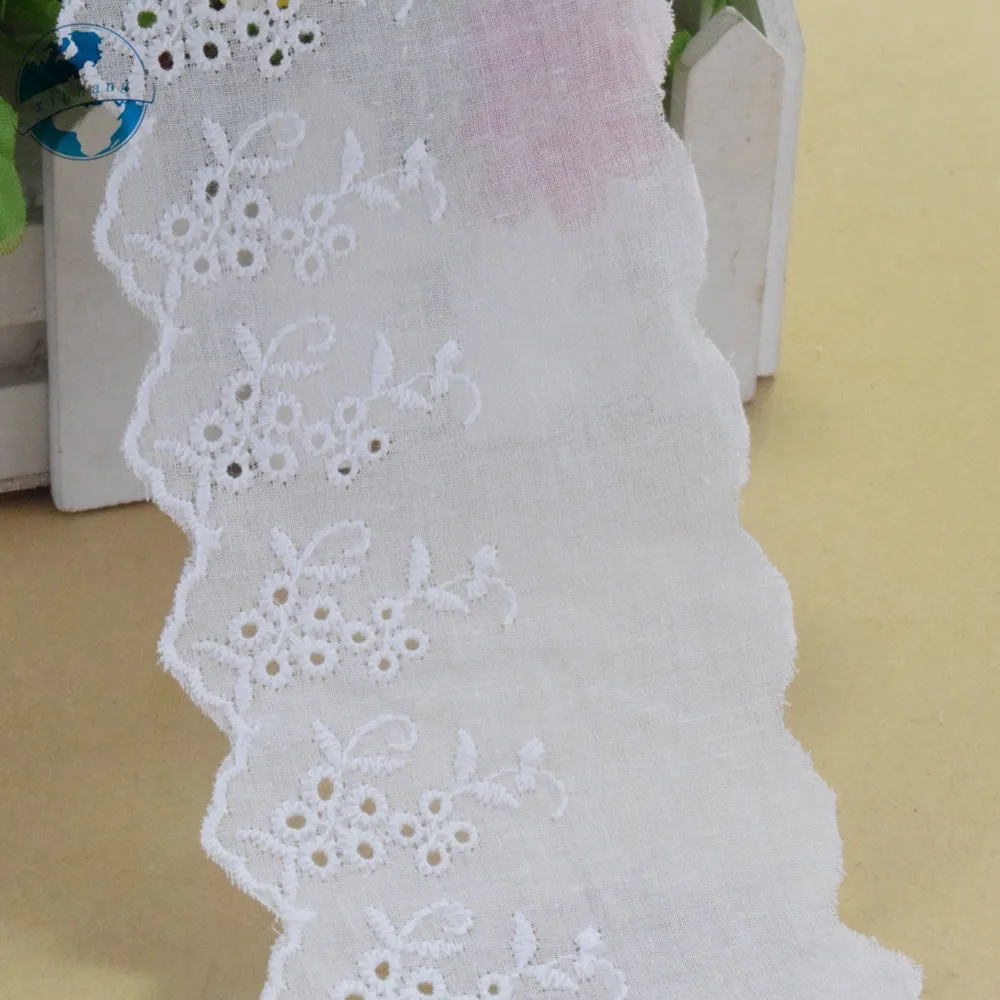 White Pure Cotton Embroidery 7.5cm Wide Lace for crafts Sewing Ribbon Trim Wedding DIY Evening dress fabric & lace#4264