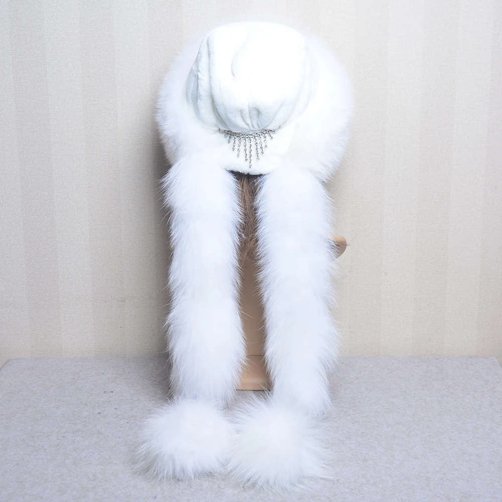 Women’s Winter Hat With Fox Fur Surround Can Be Used As a Scarf Women Russian Aviator Trapper fox Fur Rex Rabbit Fur Bomber Hat