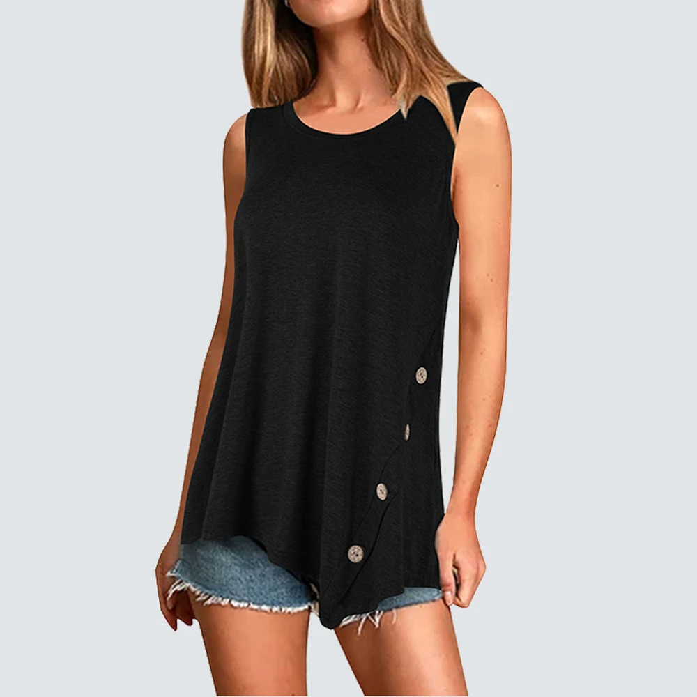 

Women Brief Sleeveless Loose T Shirt Summer Casual Wooden button O-Neck soft Tops HT037