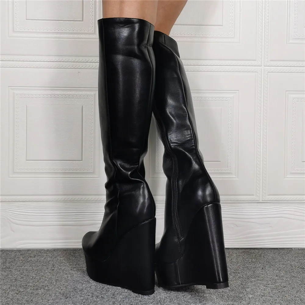 Kolnoo Newest Handmade Womens Super Wedge Heel Boots Black Faux Leather Evening Party Prom Half Boots Sexy Fashion Winter Shoes