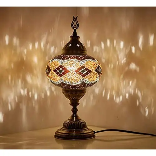 

LaModaHome 2019 English Moroccan Mosaic Table Bedside Night Tiffany Bedside Lamp for US Use, Brown, Amber