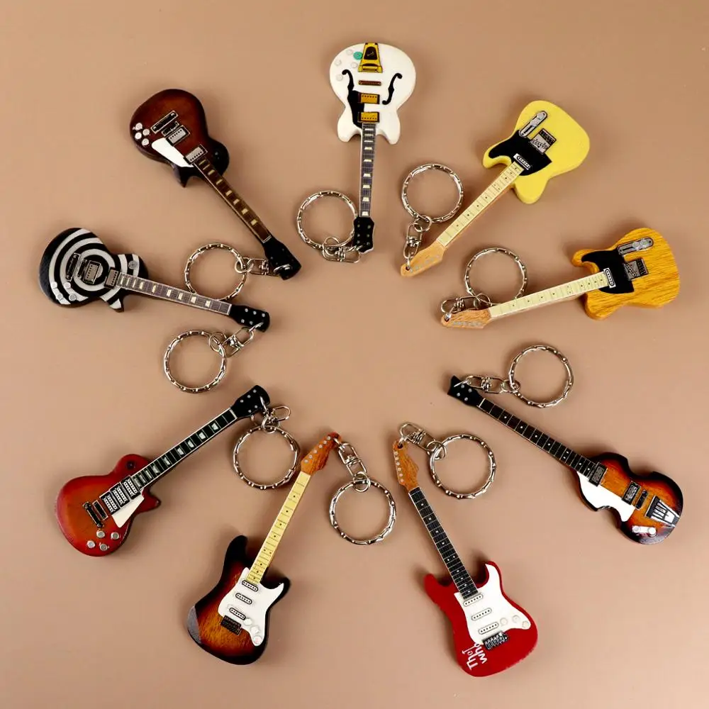 Wooden Guitar Keychain Electric Bass Keyring Wood Drum Sticks Miniature Musical Instrument Key Chain Ring Keyholder Pendant Gift