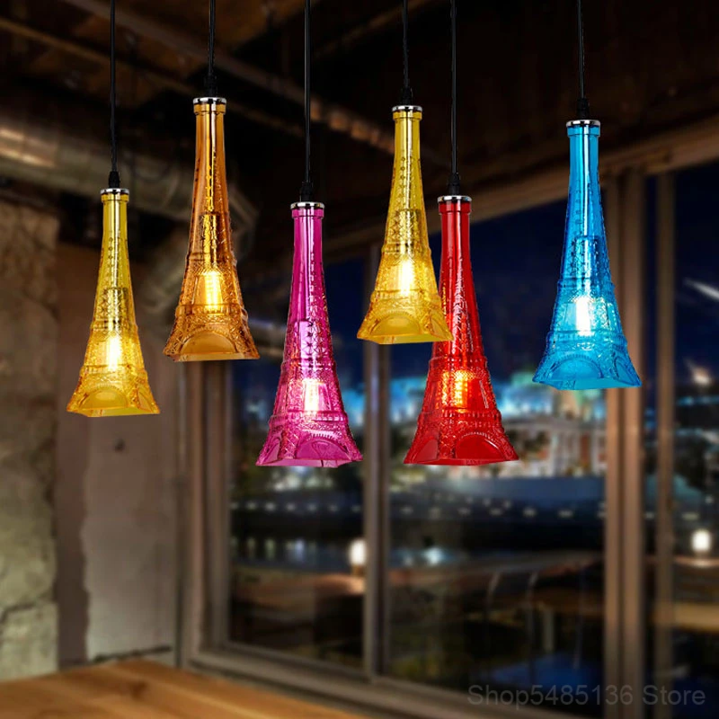 European Tower Stained Glass Pendant Lights Bar Vintage LED Hanging Lamp Bedroom Dining Room Lighting Fixtures Industrial Decor