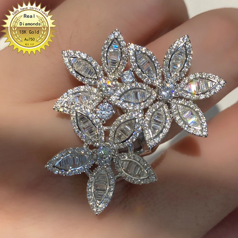 

18k white gold 2ct Natural Real Diamond Ring Flower Engagement&Wedding Jewellery Classic Trendy