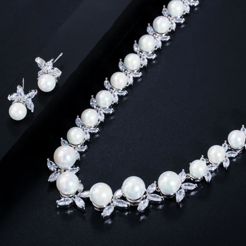 CWWZircons Shiny Cubic Zirconia Paved Round Big Pearl Bridal Wedding Party Necklace Earrings Jewelry Sets for Women T359