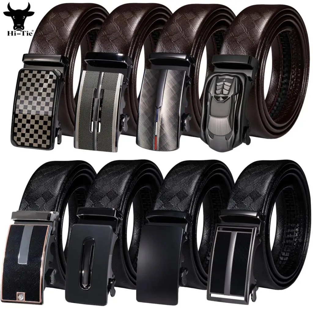 

Hi-Tie Mens Belts Black Brown Real Leather Straps Automatic Buckles Men Belt Adjustable Waistband For Dress Jeans Business Gift