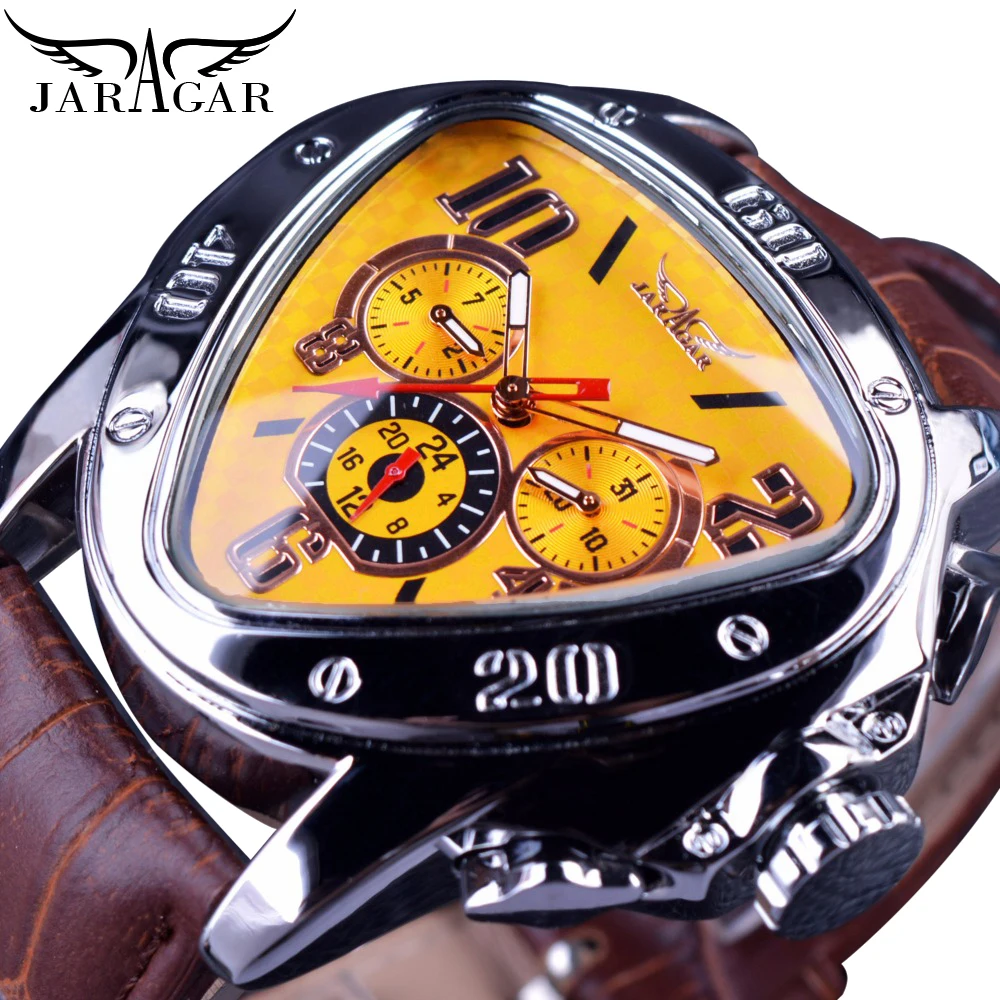 Jaragar Clock Top Brand Luxury Mechanical Automatic Male Watch Yellow Triangle 3 Dial Unusual Watch Men Fashion Sport Wristwatch