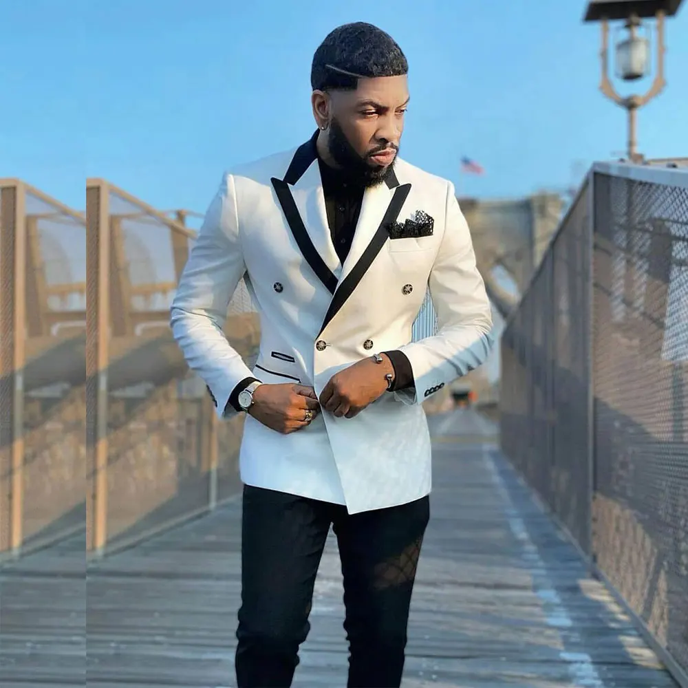 

White Double Breasted Men's Suit Peaked Lapel Blazers Slim Fit Male Tuxedos Tailored Groom Wear Two Pieces Prom Jacket And Pants