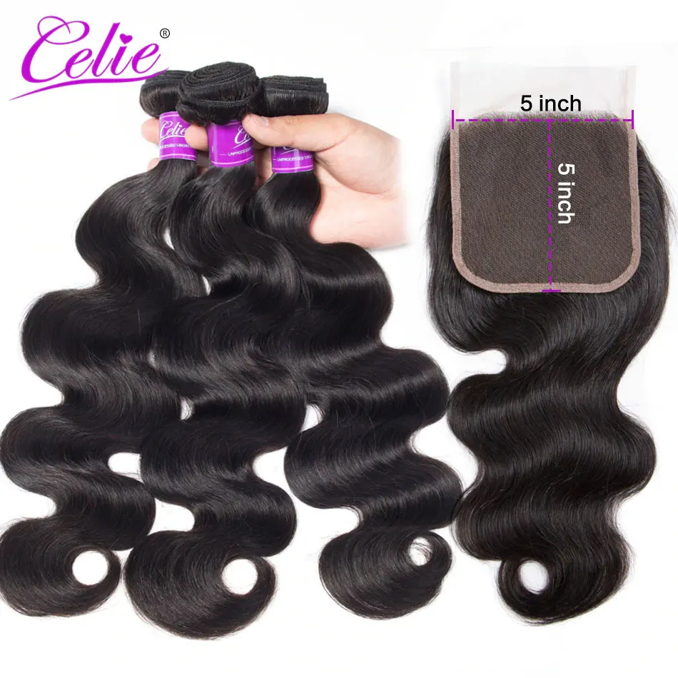 Celie Hair 5x5 Closure With Bundles Body Wave Bundles With Lace Closure Remy Brazilian Human Hair 3 Bundles With Closure