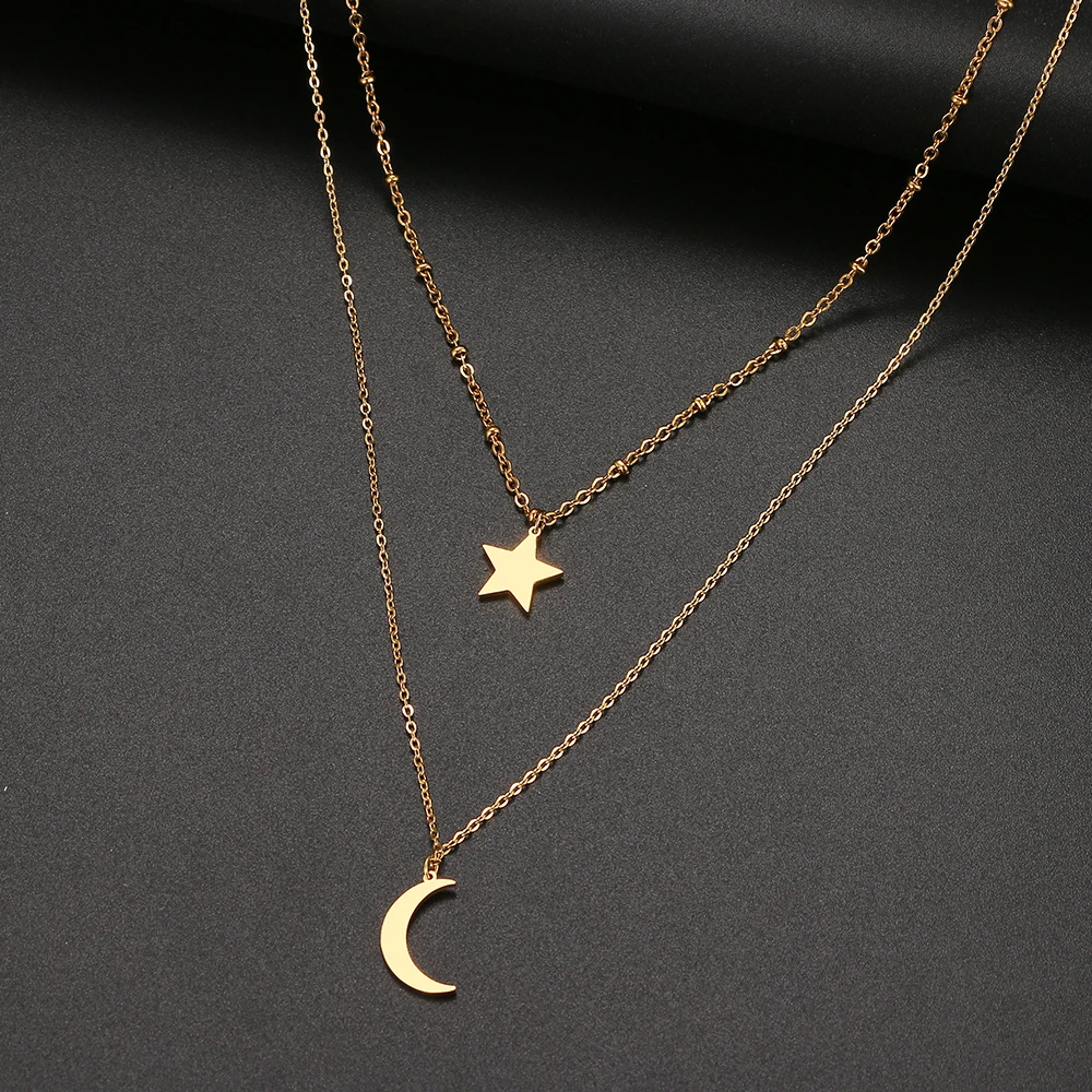 316L Stainless Steel Fashion Pendant Multi-layer style Moon And Star Beaded chain Necklace For Women Jewelry Party Friend Gifts