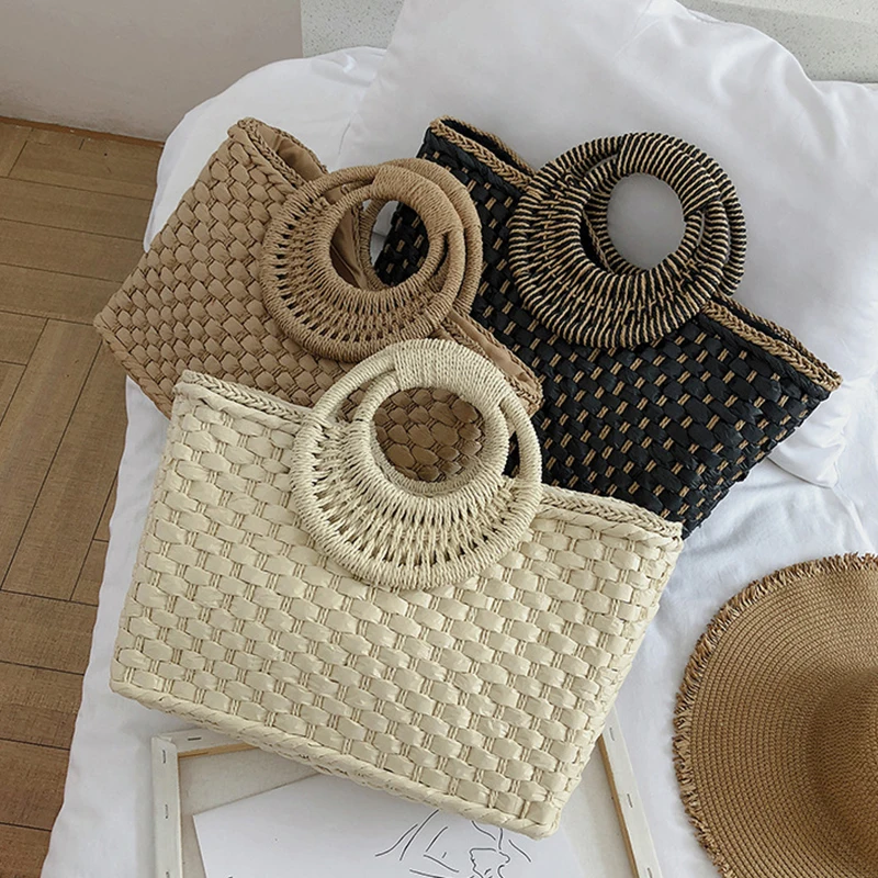 

Women Summer Beach Weave Beach Bag Woven Bucket Bag Casual Handbags Popular Handmade Braided Basket Vacation Straw Clutch Totes