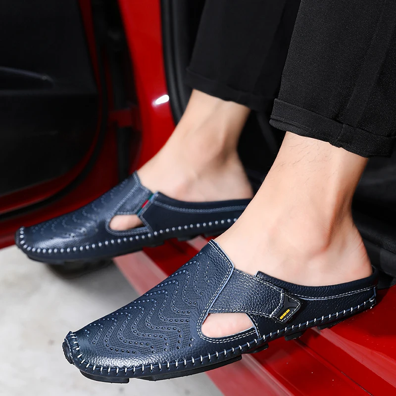 2020 Men Slippers Loafers Genuine Leather Business Driving Shoes Outdoor Autumn Men\'s Flats Breathable Casual Mules for Man