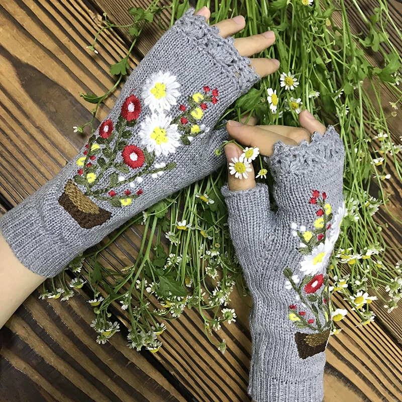 Fashion Womens Autumn Knitted Handmade Embroidery Gloves Embroidered Sun Flowers Mid Long Half Finger Warm Wool Winter Gloves