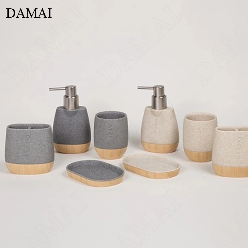 Creative Resin Stone Texture Bathroom Accessories Set Nordic Modern Wood Grain Five Piece Set Shower Accessories Home Decoration