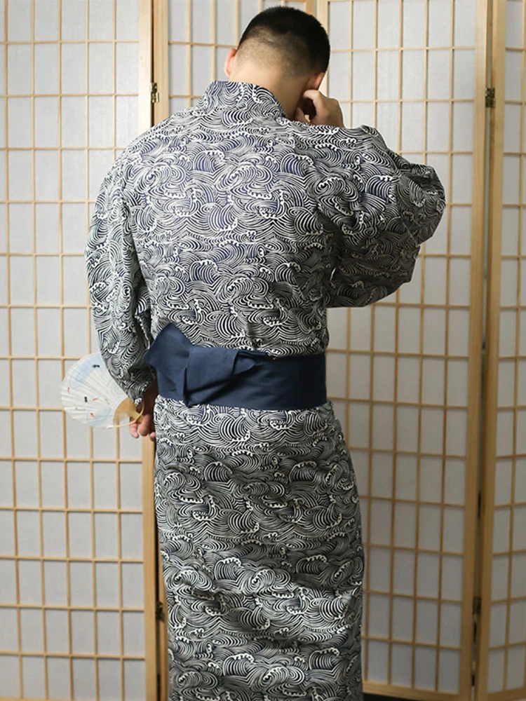 Japanese Traditional kimono With Obi Men Haori Pajamas Yukata Cotton Retro Samurai Style Long Sleepwear Cardigan Bathrobe