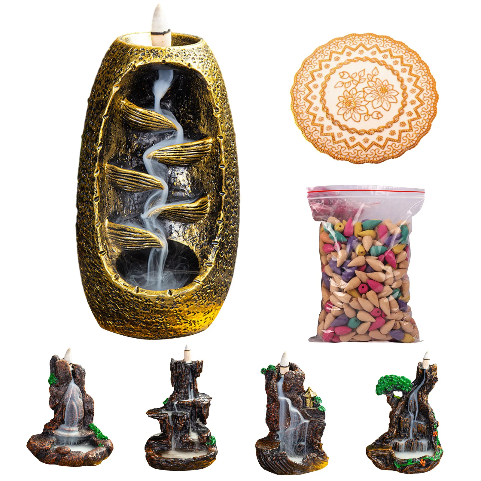 Incense Burner*1 Fragrant Cone *50 Anti-slip Mat*1 River Mountain Incense Holder Waterfall Smoke Incense Burner Home Decoration