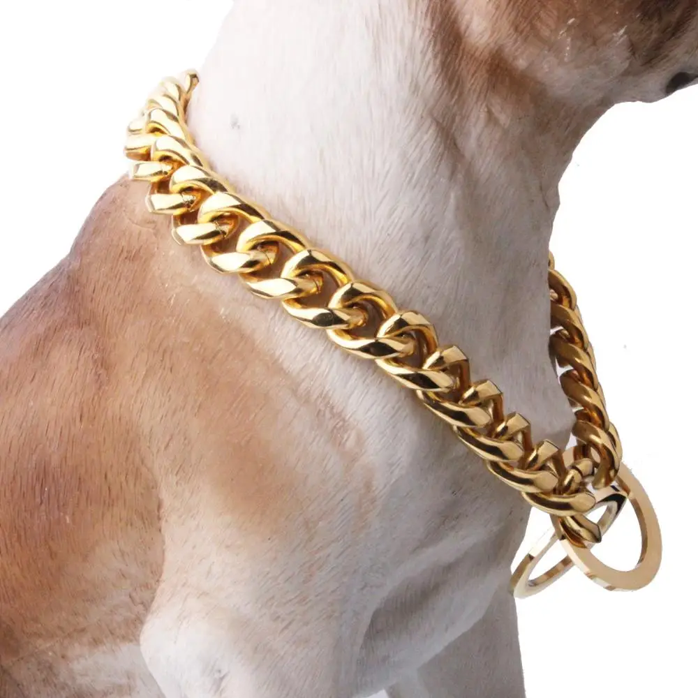 Tiasri 15mm Gold Color Dog Chain Collar High Quality Stainless Steel Pet Supplies Small Medium Large Dog Leashes for Training