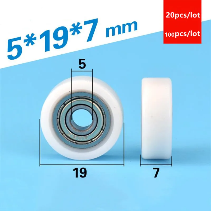 

20pcs/100pcs 5*19*7mm flat roller 605ZZ 605 bearing POM plastic coated pulley drawer showcase guide wheel low noise 5x19x7