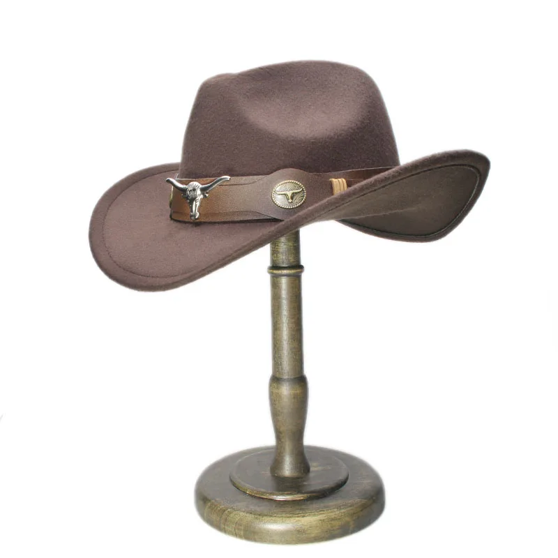 Mistdawn Fashion Bull Ox Head Leather Band Vintage Women Men Wool Wide Brim Cowboy Western Hat Cowgirl Formal Bowler Cap 58cm