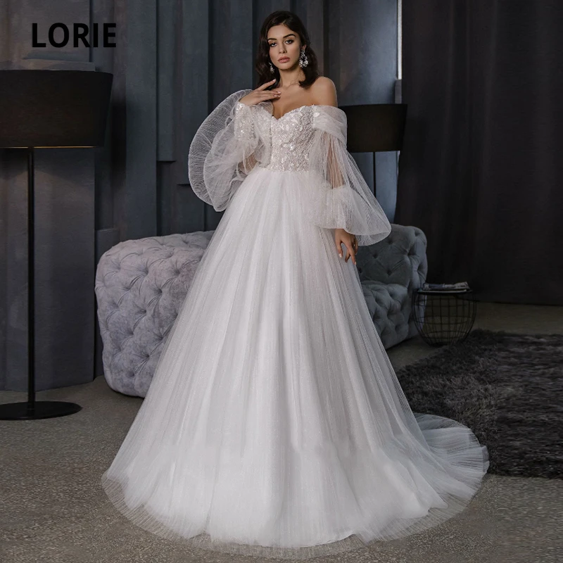 

LORIE Elegant Wedding Dresses Puff Sleeve Glitter Wedding Gown Appliques Lace Floor Length Corset Bridal Dress suknia ślubna