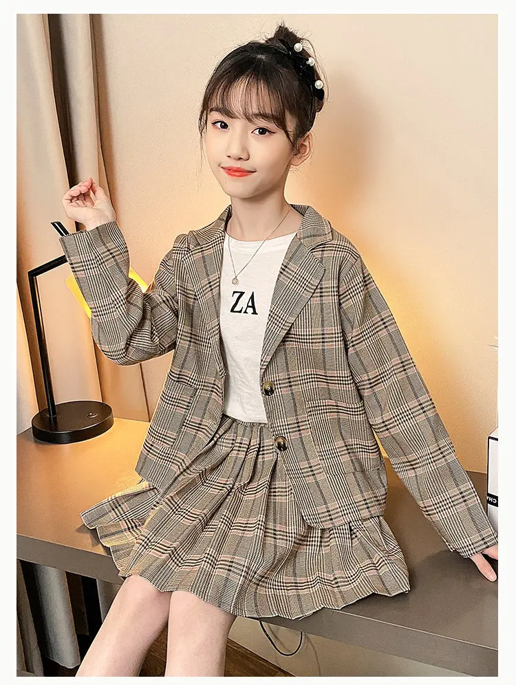 Mädchen-Kleidungsanzug für formelle Partys, Blazer- und Rock-Set, modische Frühlings-Outfits aus Baumwolle und Leinen für Kinder im Alter von 4, 5, 7, 9, 11, 12, 13 Jahren. – Detail 7