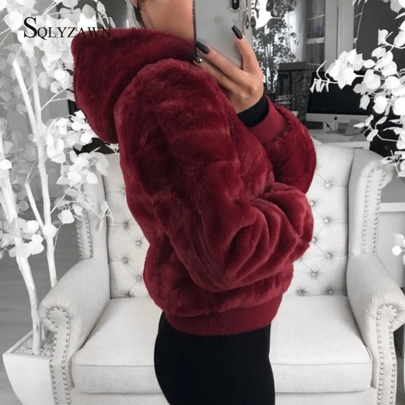 Winter Women Warm Faux Fur Hooded Teddy Bomber Jacket Korean Red Black Fashion Fluffy Coat Ladies Furry Clothes Plus Size 3XL