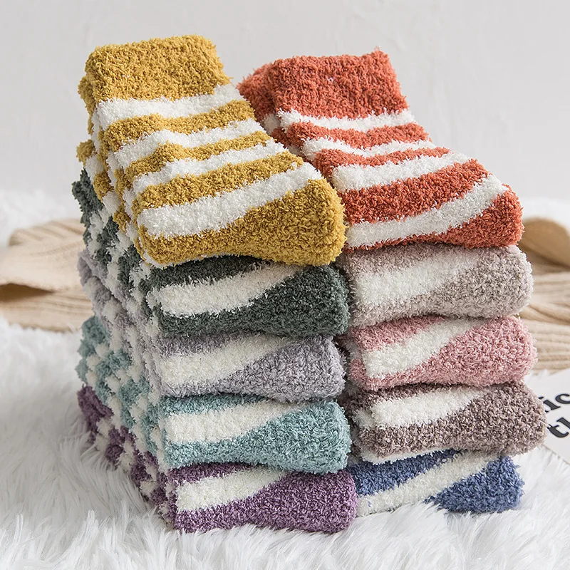 Socks Women Striped Fluffy Coral Velvet Thick Warm Winter Socks Girls Indoor Floor Towel Sock Breathable Woman Cute Soks Meias