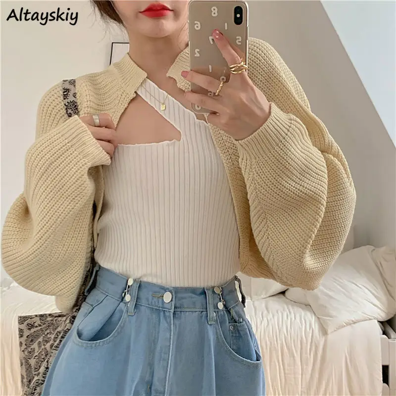 

Women Designer Cardigan Open Stitch Solid New-fashion Knitting Korean Style Gentle Sweaters Batwing Sleeve Jumpers Crop Top Chic