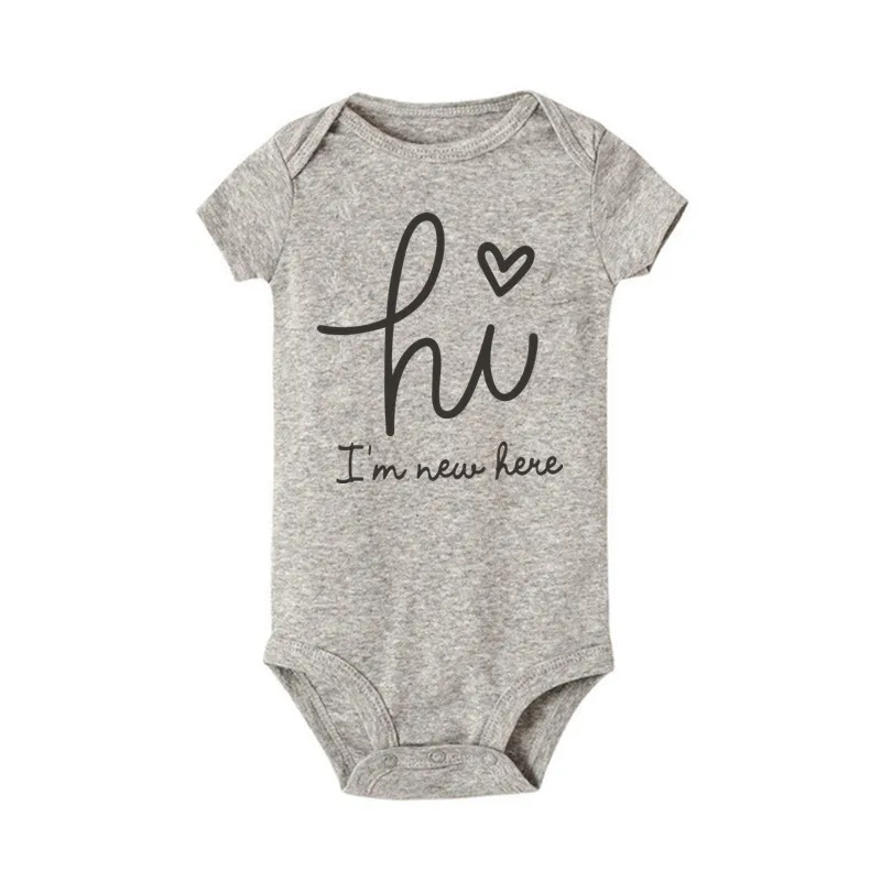 Hi I\'m New Here Print Newborn Pink Baby Bodysuit Short Sleeve Body Baby Boy Cotton Baby Girl Rompers Outfits Clothes