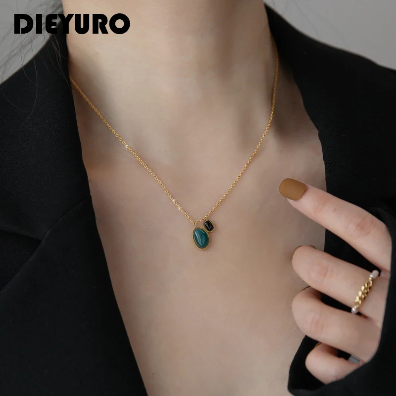 DIEYURO 316L Stainless Steel New Arrival Elegant Green Black Stone Jewelry Set For Women 2021 Trend Charm Christmas Gift Cережки