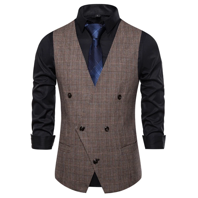 Plaid Waist Coat For Men Fashions Formal Double-breasted Business Wedding Prom Dress Coletes Masculino Mens Vest Fashion Suit