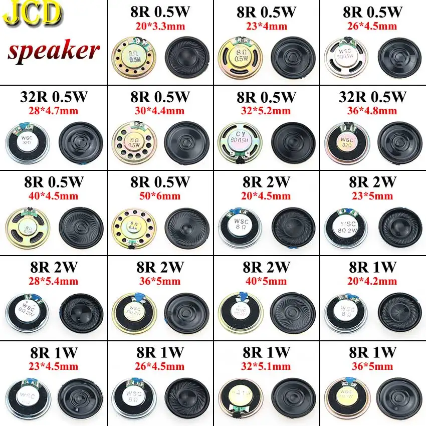 JCD 1PCS 8 ohm 0.5W 1W 2W Horn Loud Speaker 32R 8R 0.5/1/2W 20mm 23mm 26mm 28mm 30mm 32mm 36mm 40mm 50mm Loudspeaker Replacement