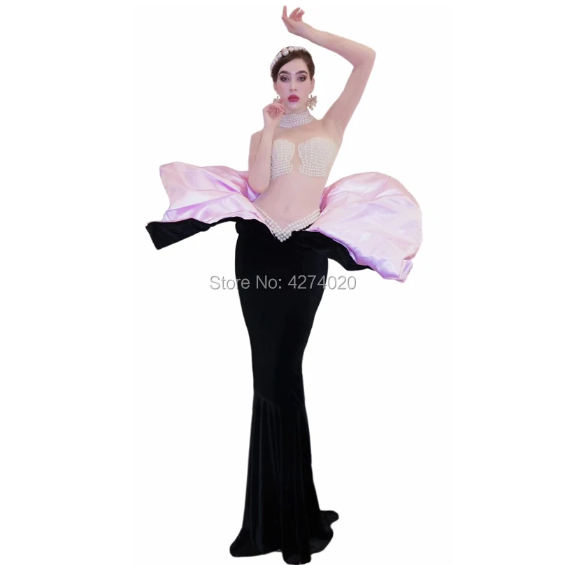 Sexy women pearls shells dresses Pearls Transparent Long Sleeves Dress Birthday Celebrate Long party Dress