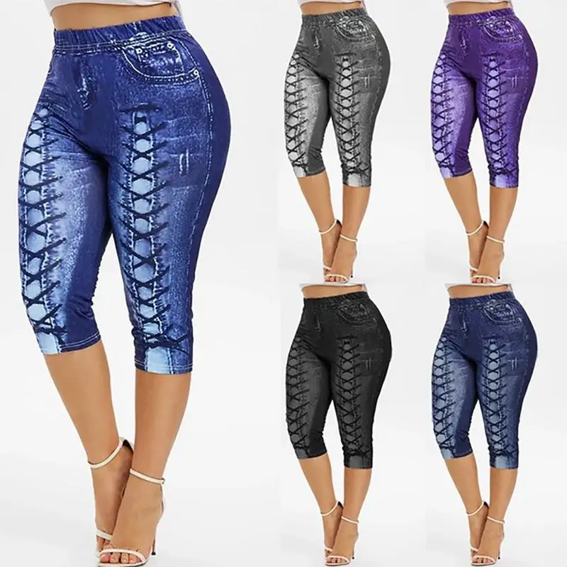 

Women Yoga Short Leggings Faux Denim Ladies Short Pants Floral Printed High Waist Female Shorts
