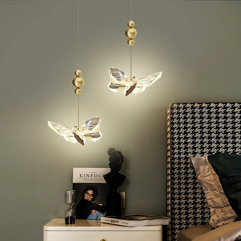 

Butterfly chandelier Nordic master bedroom bedside lamp light luxury background wall single head chandelier creative lamp