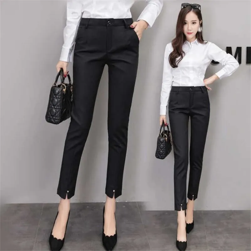 2019 pantaloni da abito da donna primavera Office Lady pantaloni da donna neri pantaloni Slim a vita alta pantaloni Casual