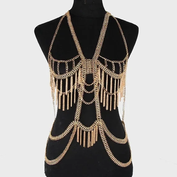 Bühne zeigen party mädchen körper ketten kostüm frauen Körper halskette mode gold multilayer quaste bikini halskette halskette schmuck