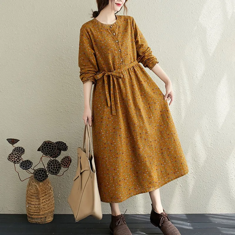 Women Autumn Cotton Linen Long Dress New Arrival 2020 Arts Style Vintage Floral Print Loose Ladies Elegant A-line Dresses S1857