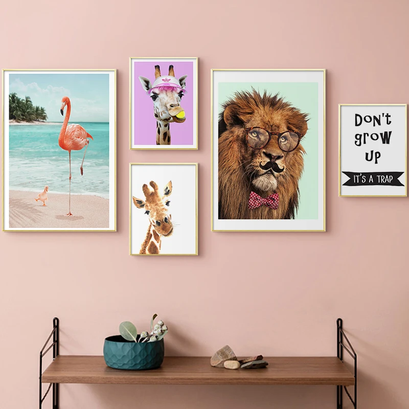Cute Animal Series Lion with Bowknot Giraffe Flamingo Quote Don‘t Grow Up Poster for Nursery Room Art Print Poster Canvas Decor