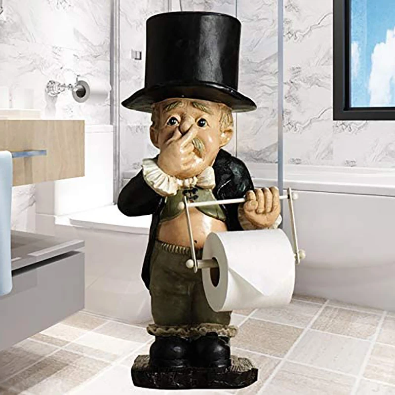 Stinky Butler Holding Nose Resin Sculptures with Roll Paper Holder Stand, Primitive Figurine, Home Table, Bathroom Decorations