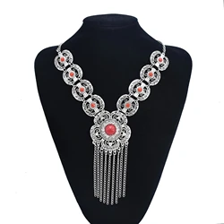 Gypsy Red Blue Stone Vintage Long Tassel Necklaces for Women Boho Turkish Tribal Afghan Hollow Flower Necklace Party Jewelry