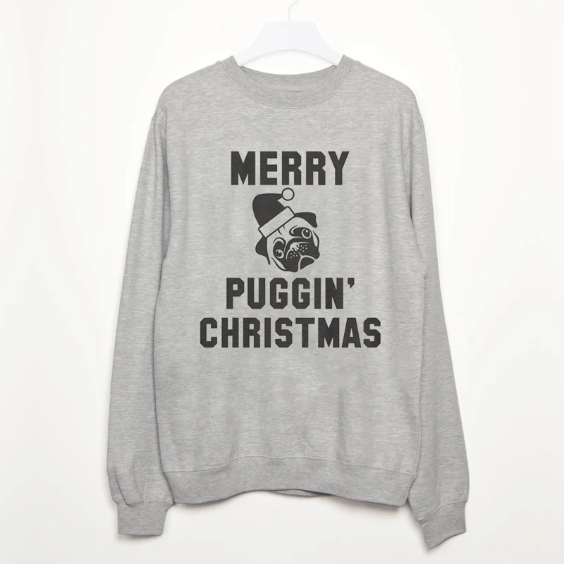 

Merry Puggin' Christmas Women Sweatshirt Fashion Graphic O Neck Cotton Pullovers Hoodies Autumn Plus Size Full Long Sleeve Shirt