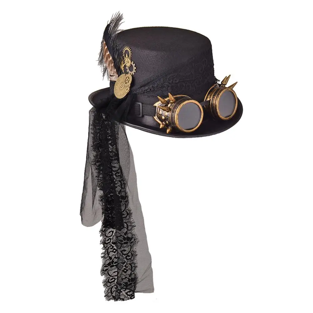 

Black Steampunk Top Hat Cosplay Women Men Punk Top Hats With Goggles Performance Stage Magic Head Wear Halloween Party Hats