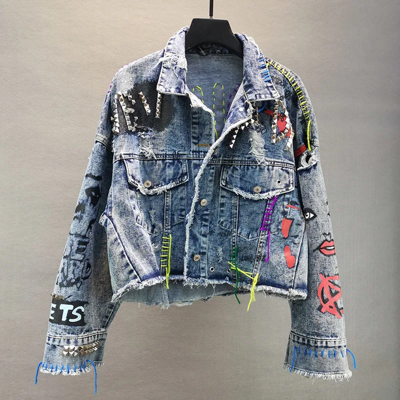 Manual Rivet Beaded Line Tassel Letter Graffiti Print Women Denim Jacket Spring Autumn 2024 Casual Hole Denim Jacket Veste Femme