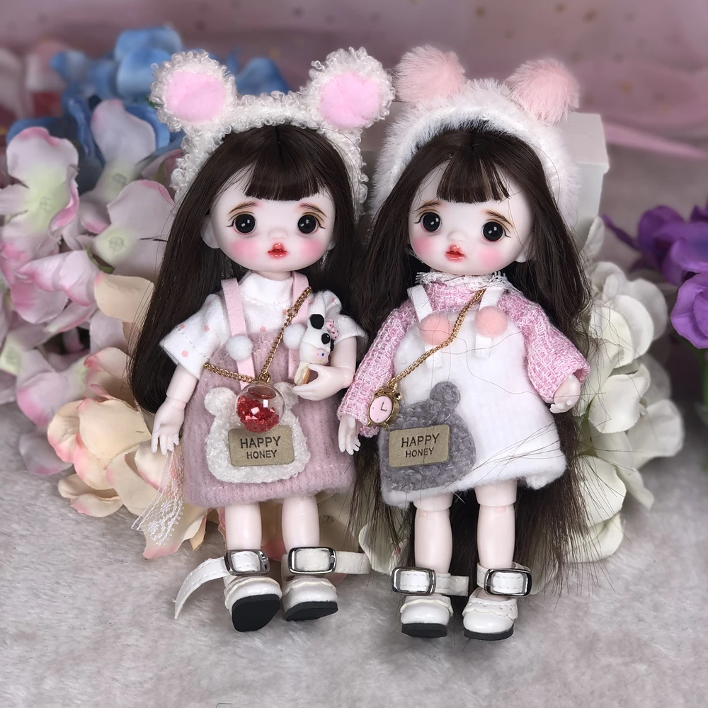 OB11 1/8 Scale 16CM BJD Doll Cute Delicate Face Up With Wig & Clothes Full Set Doll Obitsu11 Body Figure Children Model Toy Gift