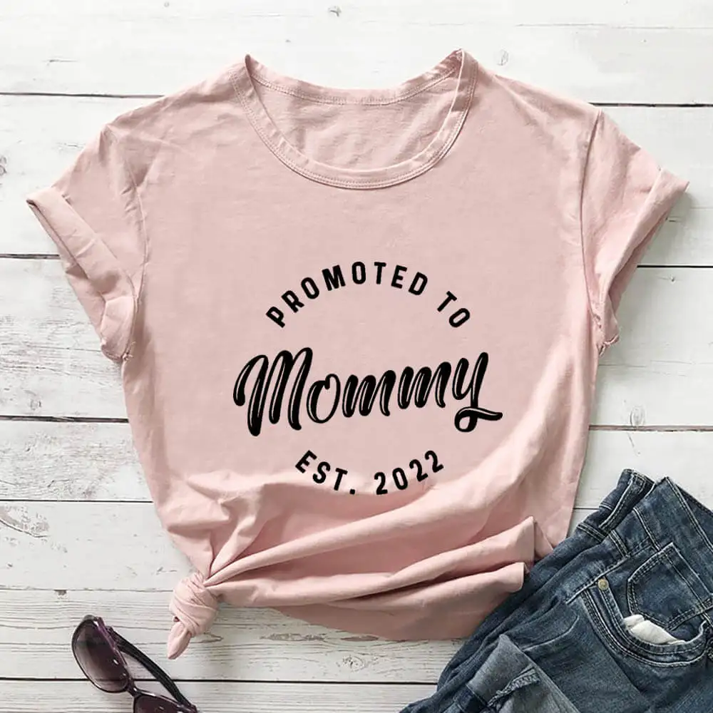 Promoted To Mommy Est 2022 100%Cotton Women T Shirt New Mom Funny Summer Casual Short Sleeve Top Mom To Be Shirt Gift for Mother